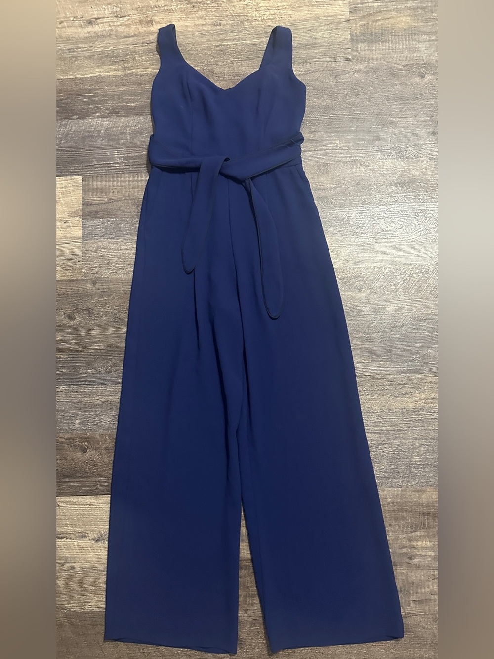 Anthropologie Deep Navy V-Neck Wide-Leg Jumpsuit with Tie Belt